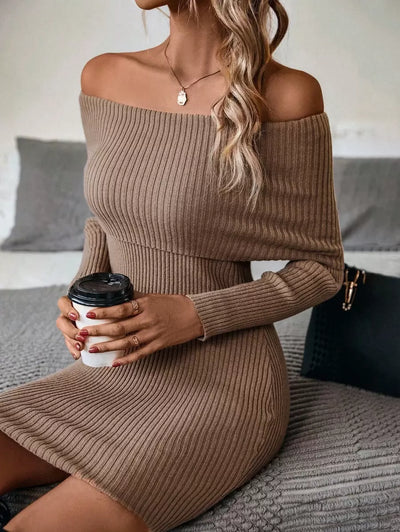 Robe en Maille Épaule Dénudée - Robe Pull