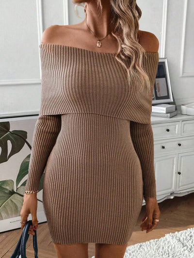 Robe en Maille Épaule Dénudée - Robe Pull
