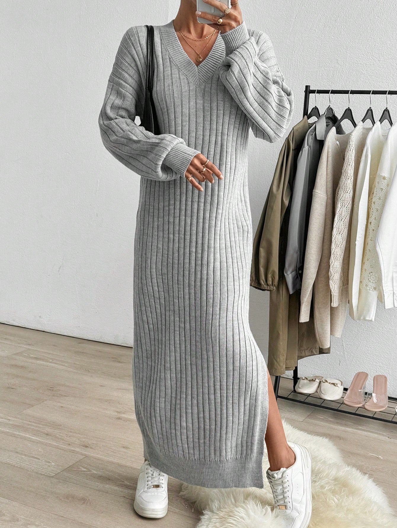 Robe Longue en Maille Côtelée - Robe Pull