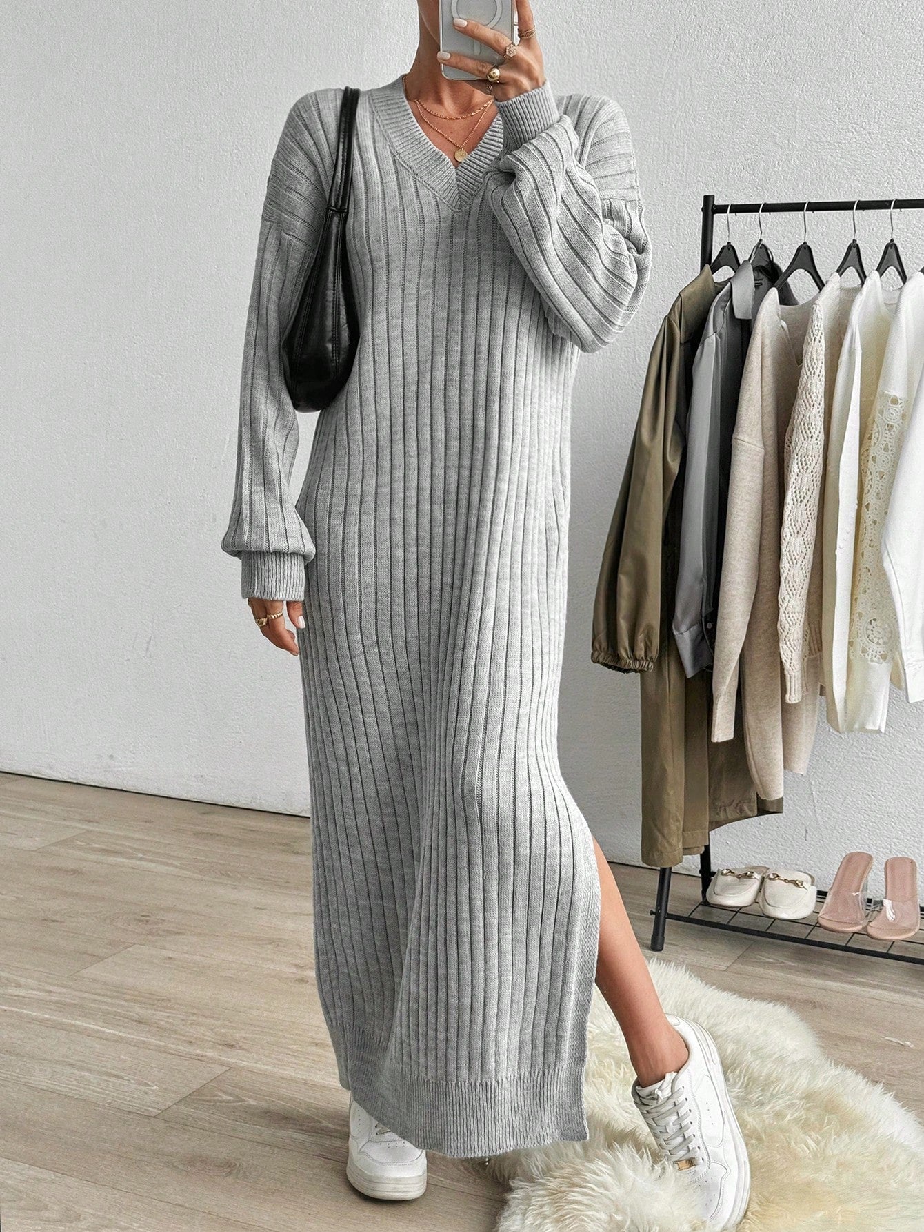 Robe Longue en Maille Côtelée - Robe Pull