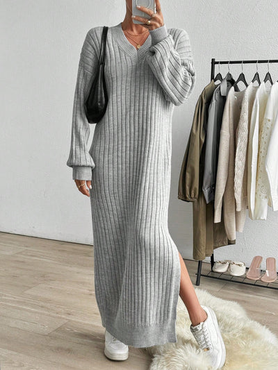 Robe Longue en Maille Côtelée - Robe Pull